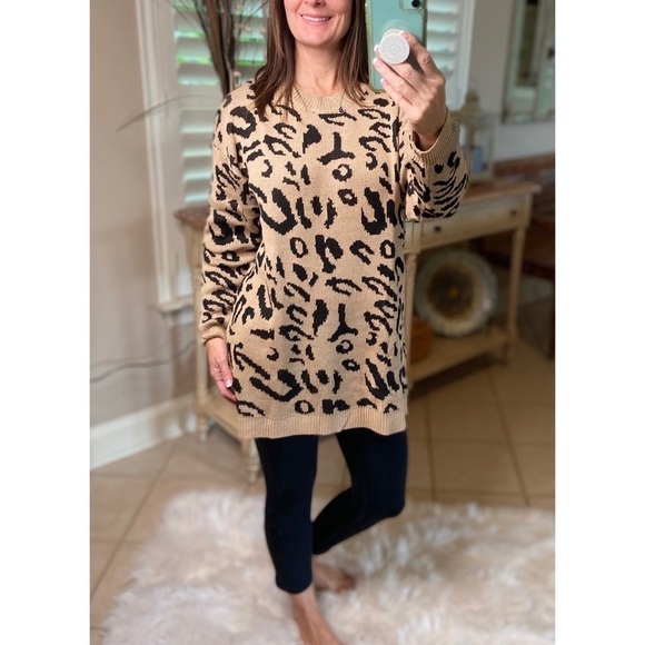 Oversized Leopard Bishop Sleeves Crew Neck Tunic Sweater Khaki Black 2819 - Picture 1 of 8